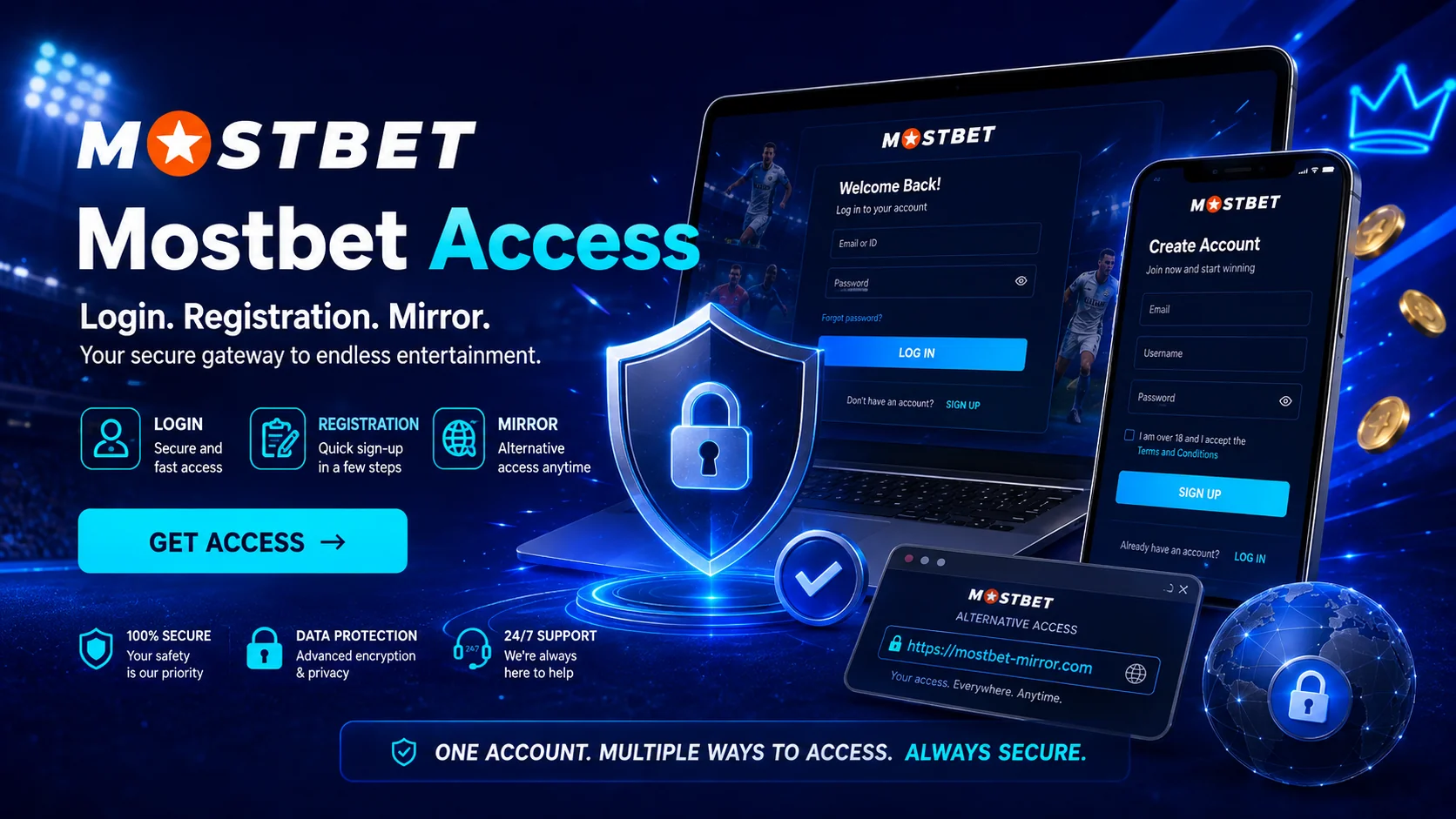 Tampilan halaman login, daftar, dan link alternatif Mostbet di layar ponsel