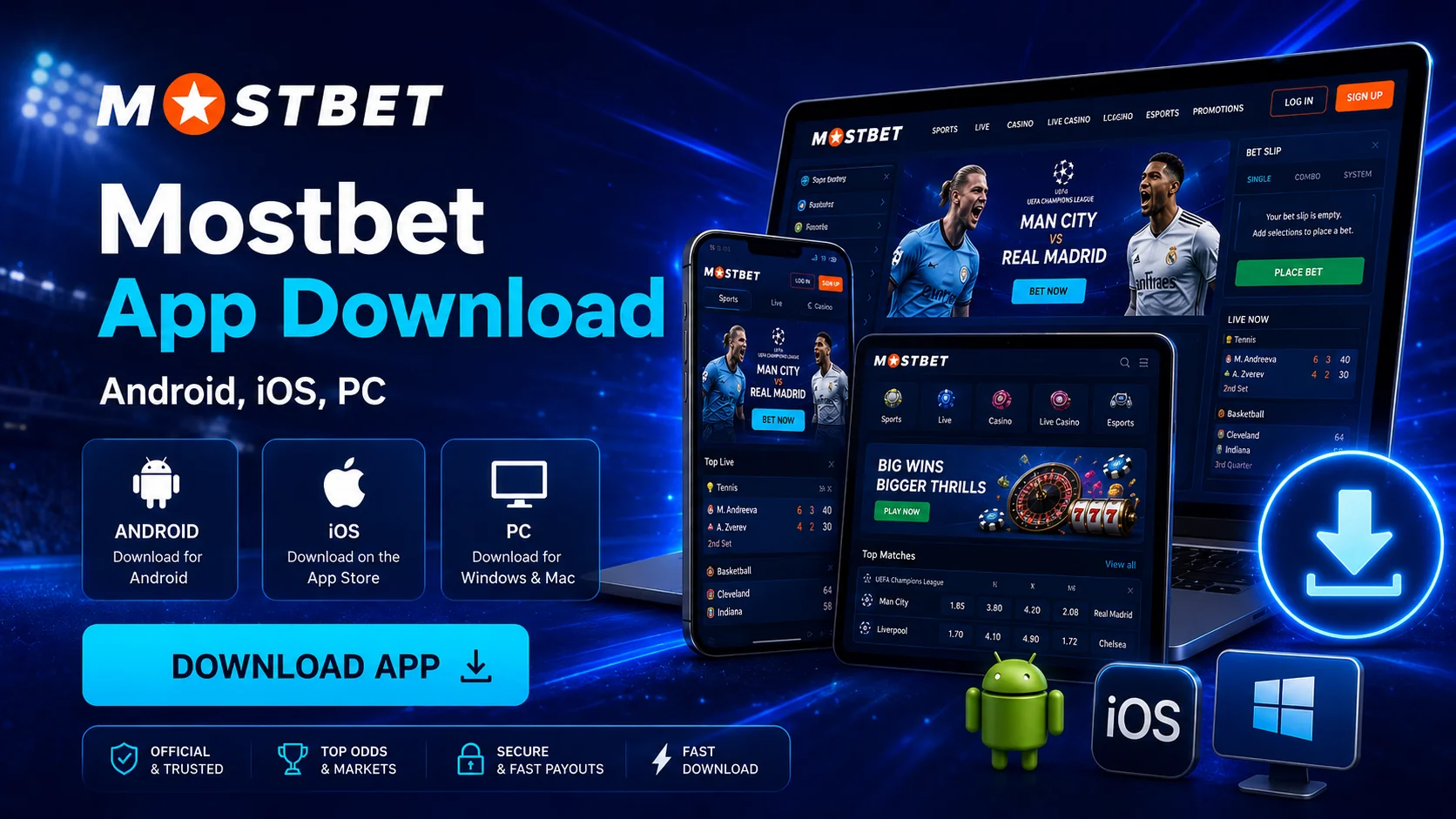 Ikon aplikasi Mostbet untuk Android, iOS, dan desktop ditampilkan berdampingan
