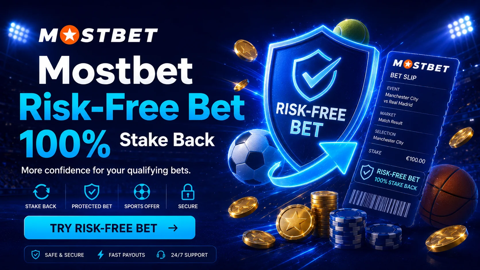Taruhan tanpa risiko Mostbet untuk taruhan bola dengan odds 2.0 ke atas