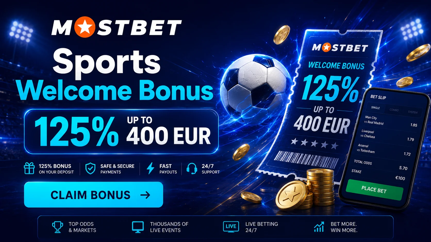 Bonus selamat datang sport Mostbet 125% hingga Rp7.500.000